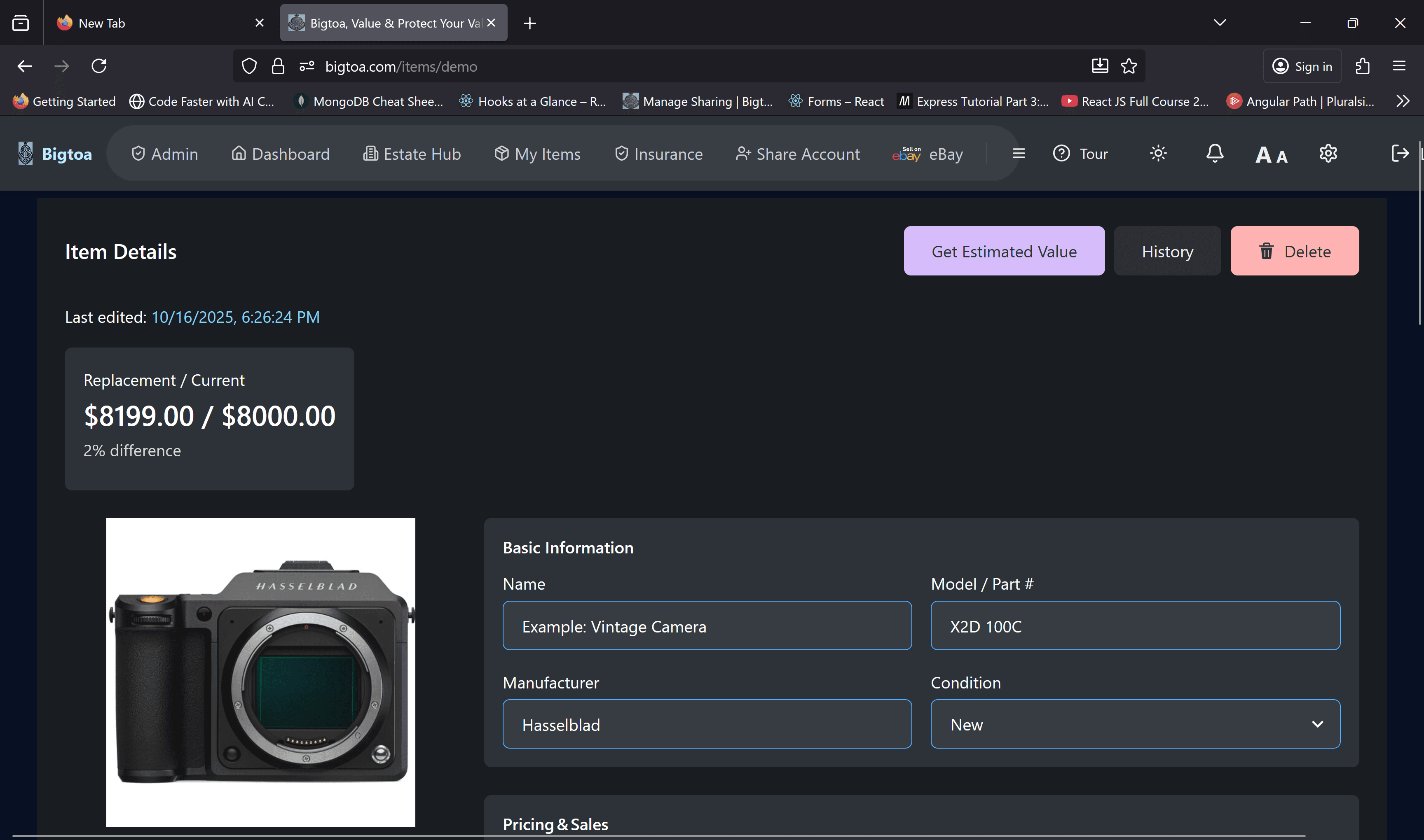 Item inventory management interface